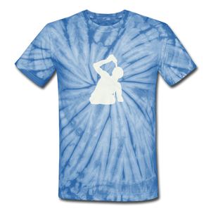 Open image in slideshow, White Logo Unisex Blue Tie Dye T-Shirt - spider baby blue
